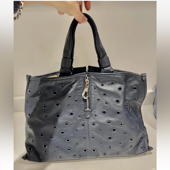 $1250 Moncler Authentic Navy Blue Leather Eyelet grommet handbag purse - Picture 1 of 14